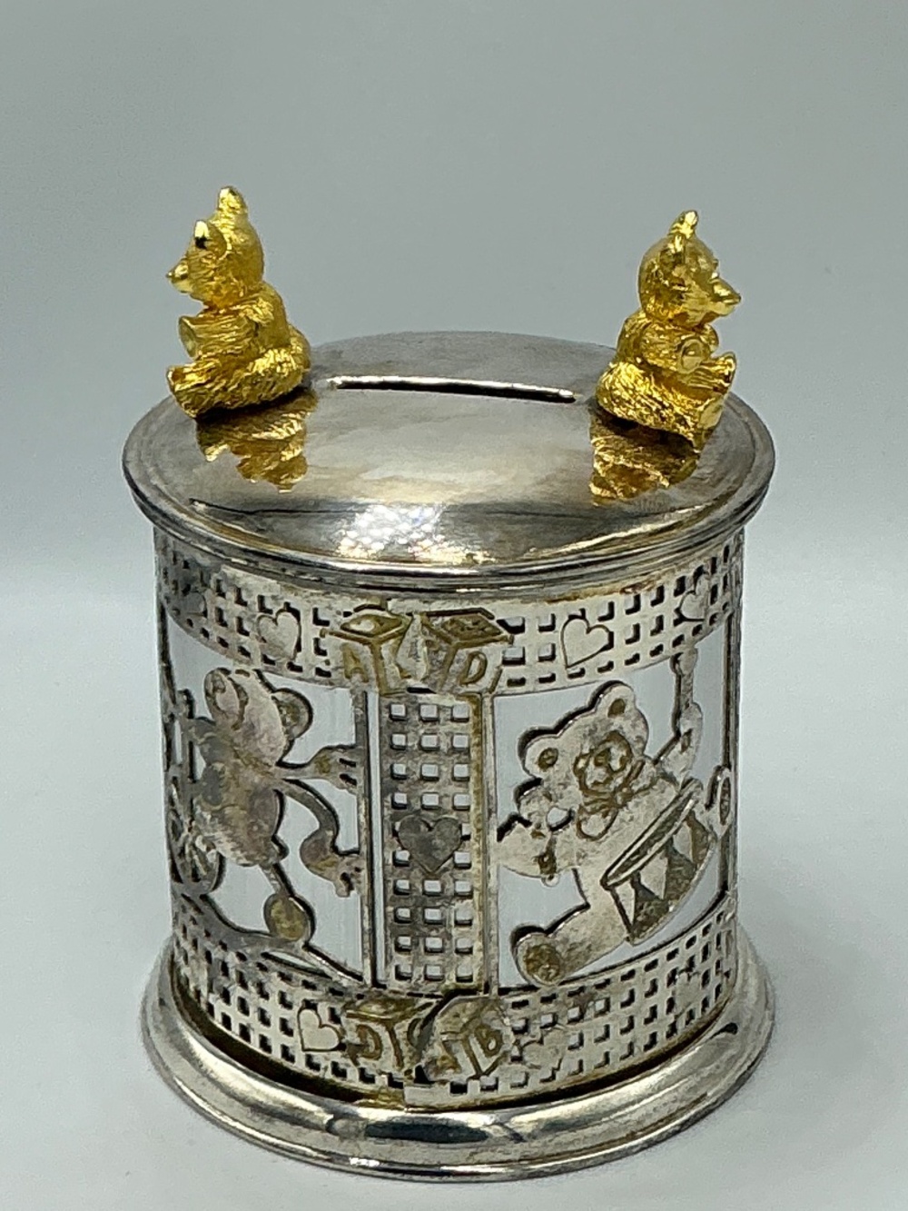 Teddy Bear Coin Bank Silver Plated Nursery Decor Gold Tone Accents Vintage